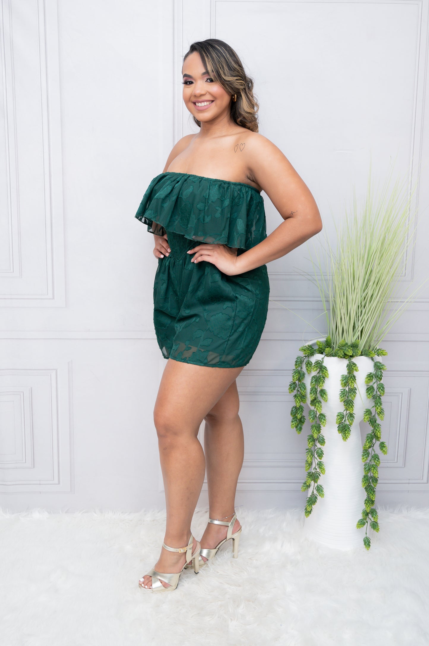 Green Off Shoulder Ruched Fit Romper