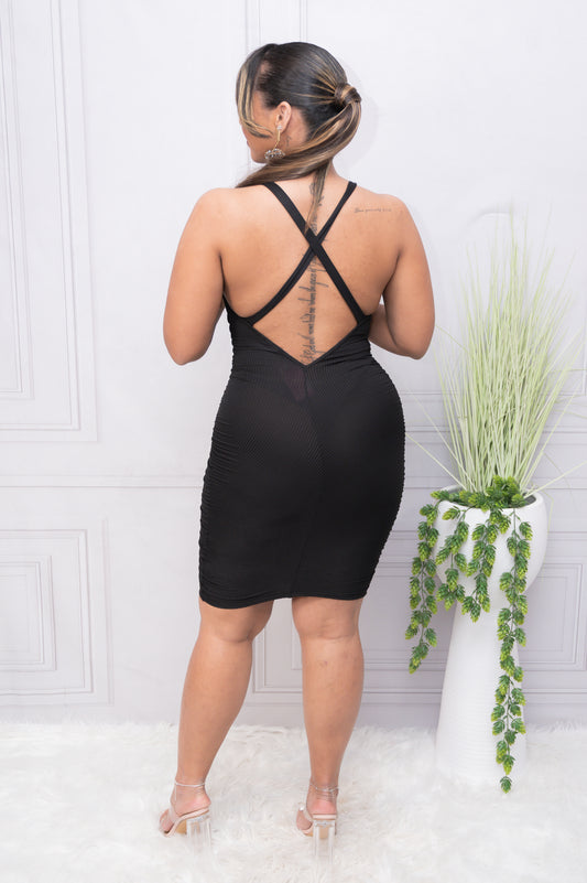 Black Ribbed High Neck Ruched Bodycon Dress
