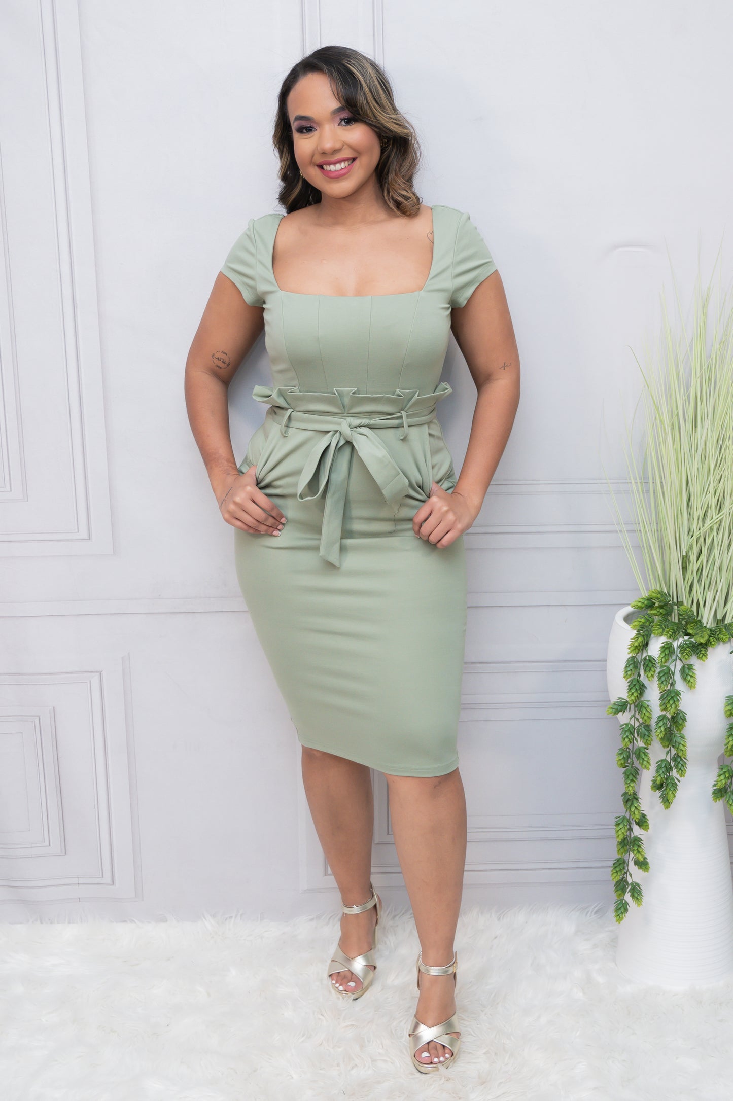 Sage Cap Sleeve Square Neck Pleated Waist Belted Dress