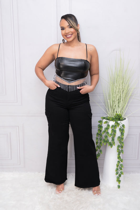 Black Faux Leather Rhinestone Fringe Crop Top