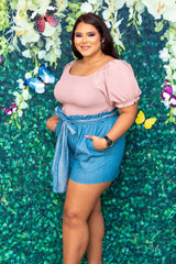 Denim Paperbag Front Tie Shorts