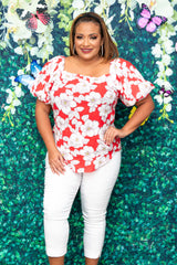 Red Linen Floral Back Tie Blouse