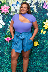 Denim Paperbag Front Tie Shorts