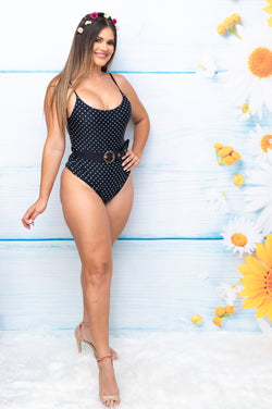 Black Polka Dots Belted Swimsuit