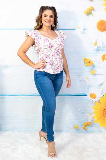 Off White Bubble Sleeve Floral Blouse