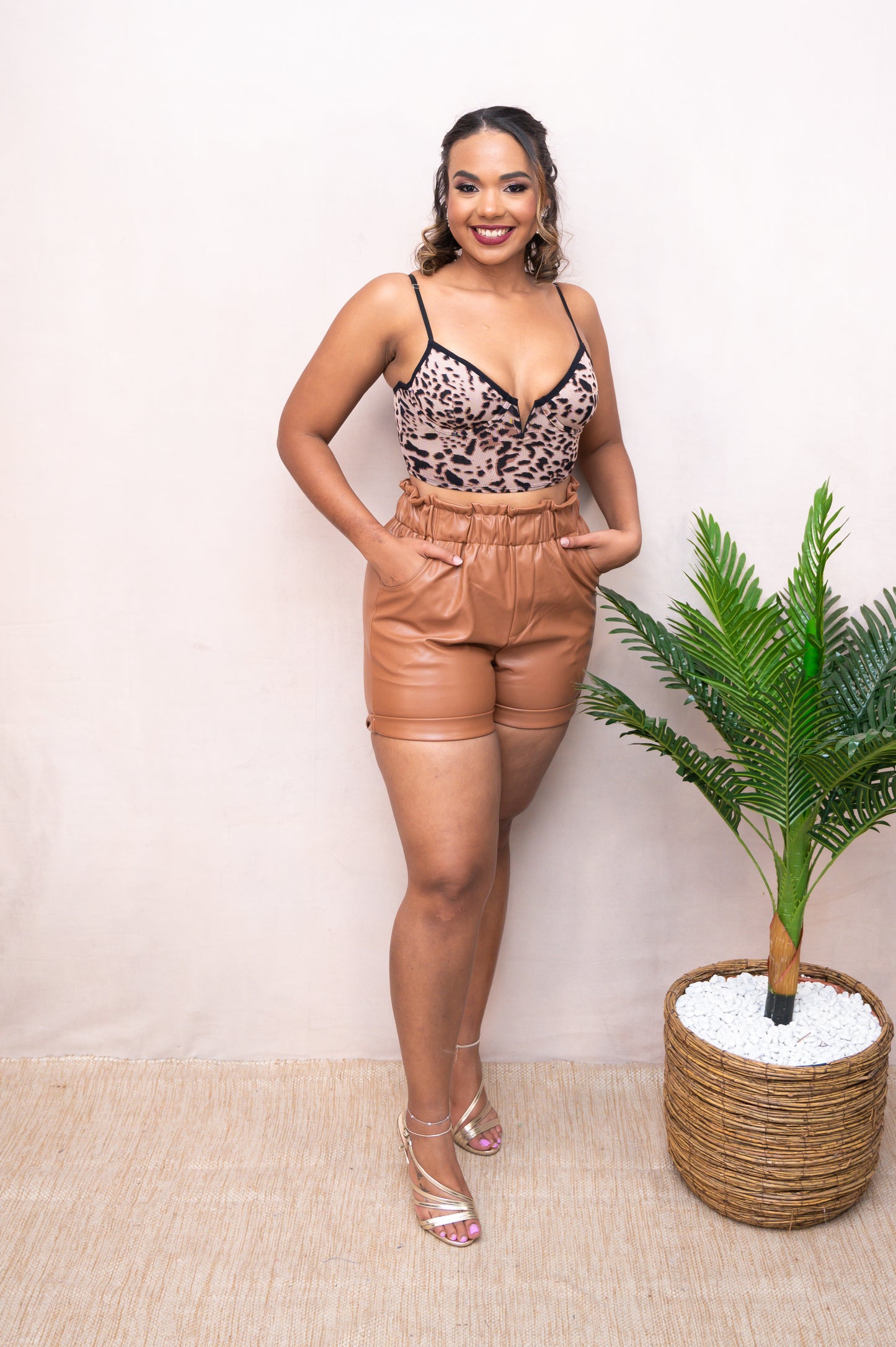 Taupe Sheer Animal Print V-Corset Top