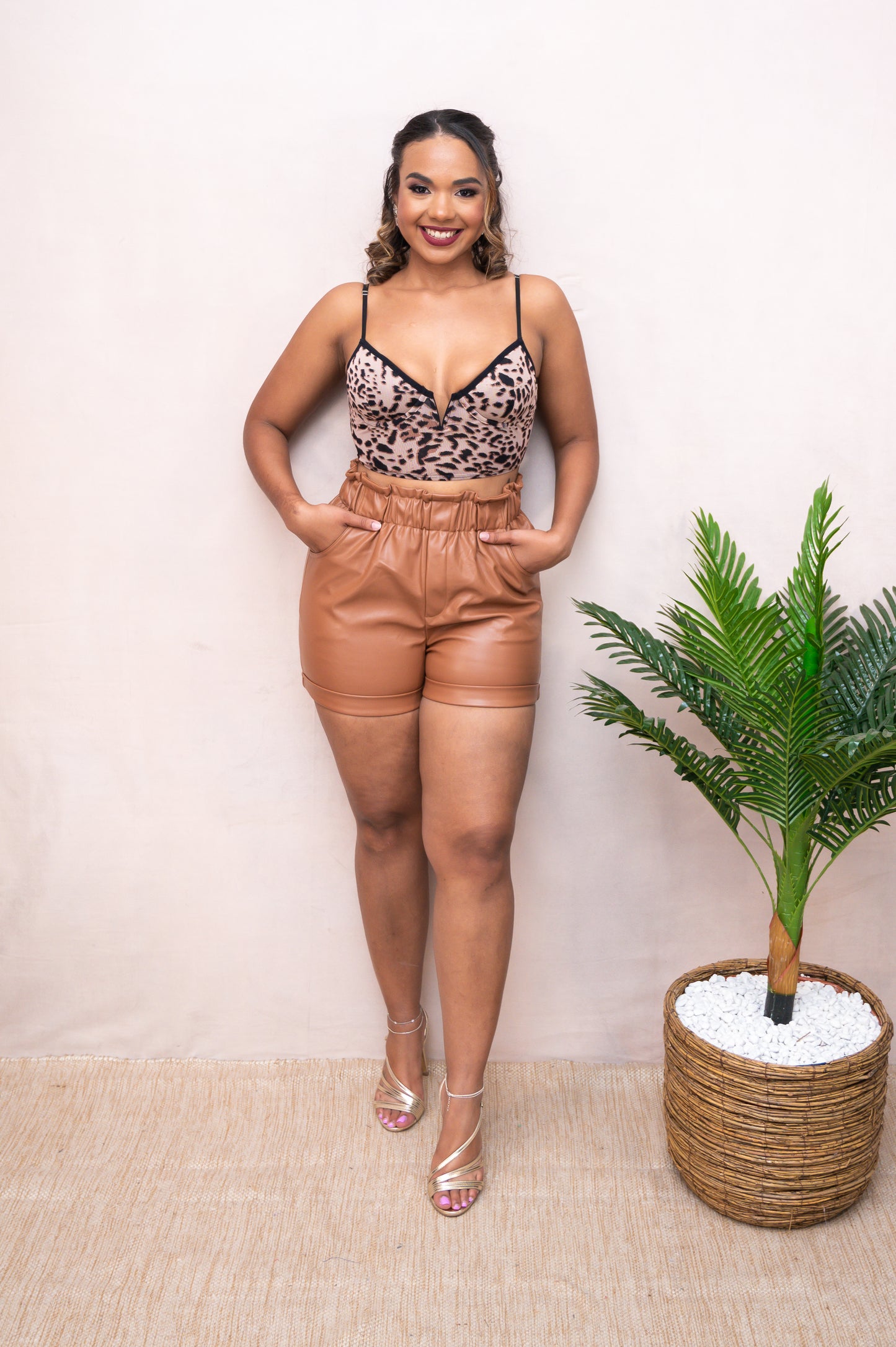 Taupe Sheer Animal Print V-Corset Top