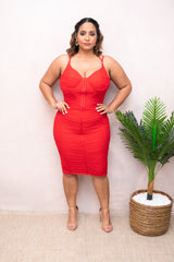 Red Power Mesh Ruched Hook Closure Dress