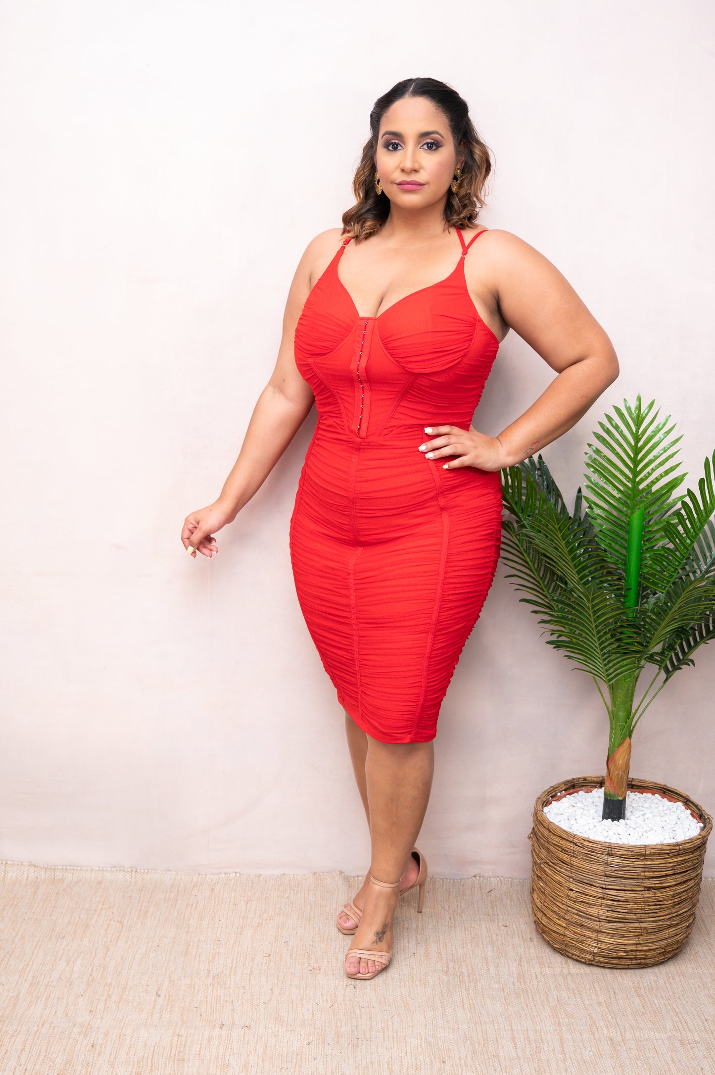 Red Power Mesh Ruched Hook Closure Dress