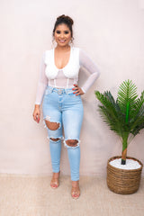 White Power Mesh Contrast Corset Style Blouse