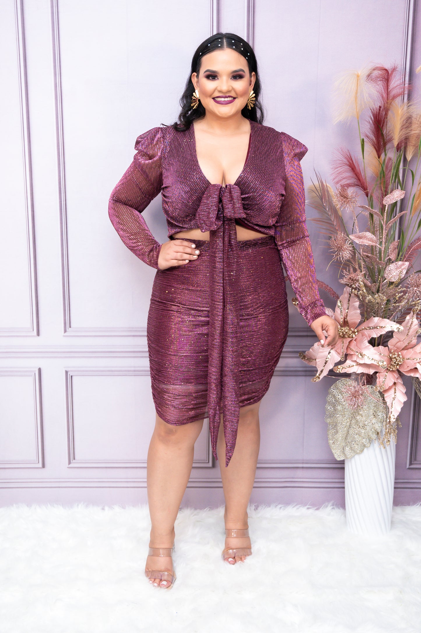 Burgundy Metallic Pleated Skirt Set