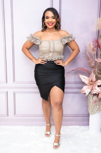 Black Satin Ruched Midi Skirt