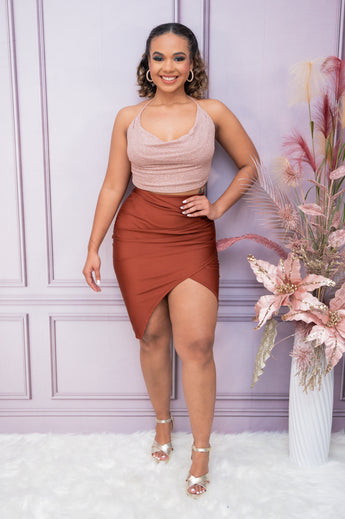 Marsala Satin Ruched Midi Skirt