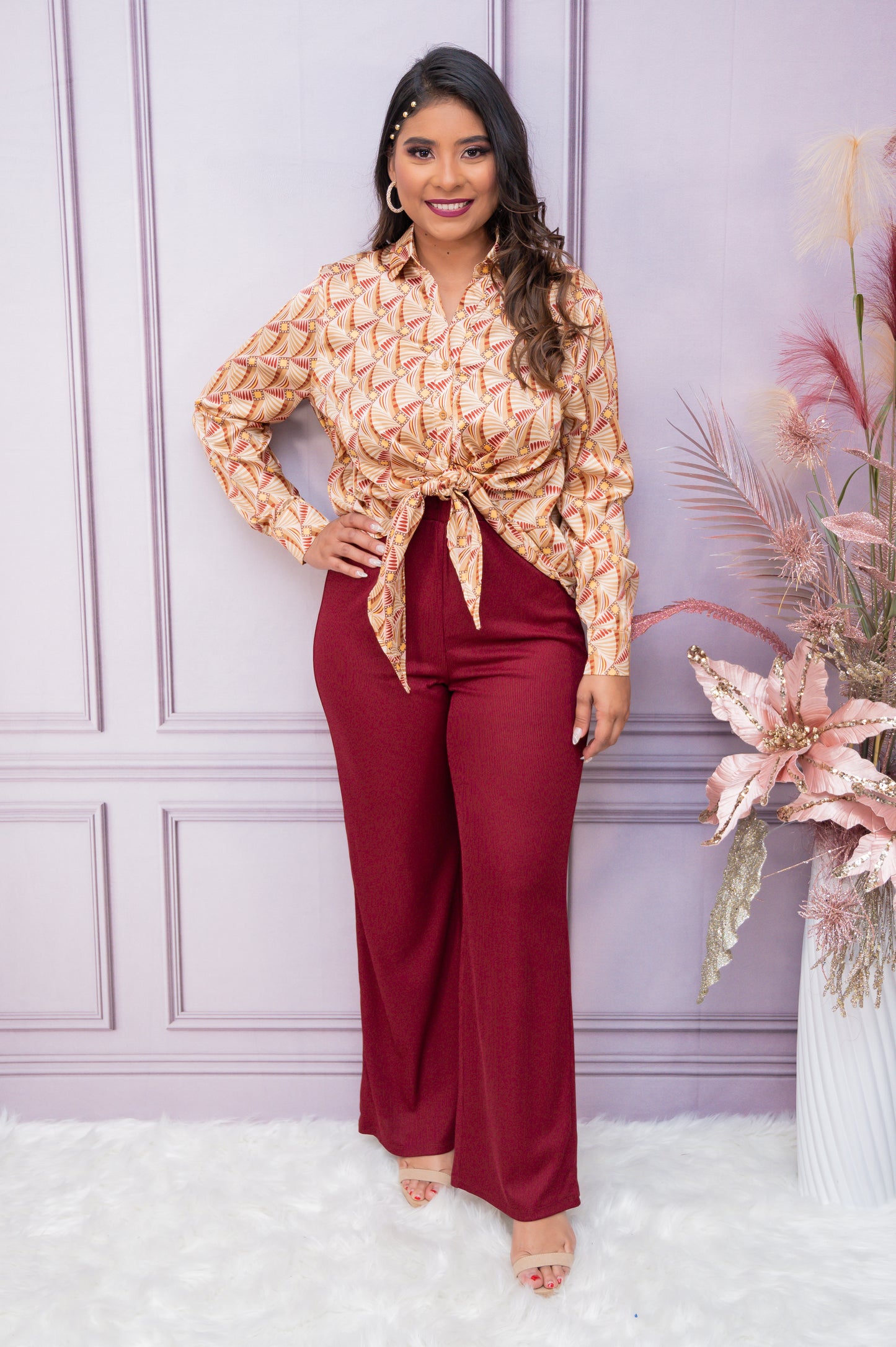 Burgundy Poly Span Rib High Waisted Pant