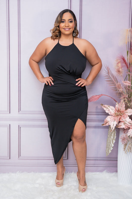 Black Poly Satin Halter Bodycon Dress