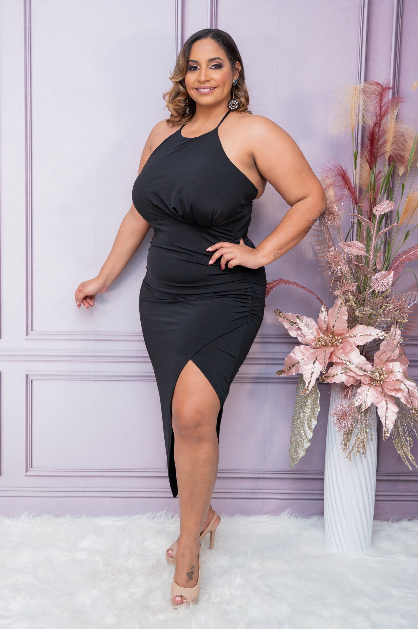Black Poly Satin Halter Bodycon Dress