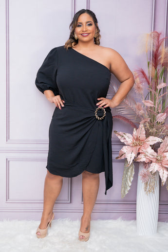 Black One Shoulder Side Belt Dress