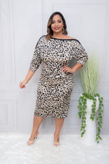 Taupe/Black Animal Print Boat Neck Midi Dress