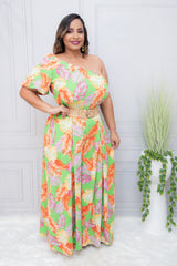 Lime Green Tropical Smocked One Shoulder Blouse