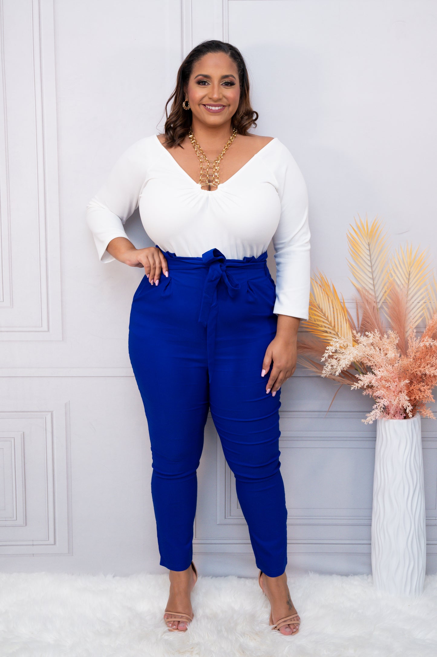 Royal Blue Front Tie Paperbag Pants