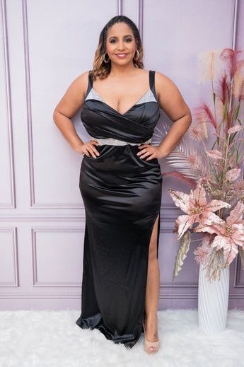 Black Satin with Rhinestone Maxi Dress