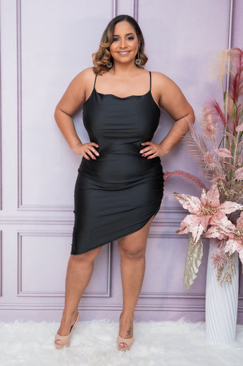 Black Poly Satin Spaghetti Dress