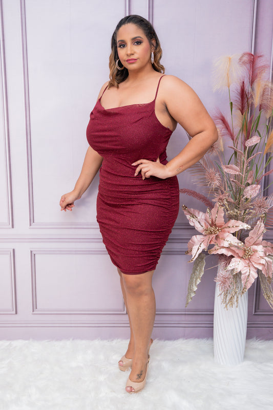Burgundy Mesh Glitter Cowl Neck Dress