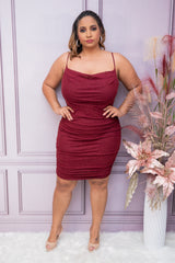 Burgundy Mesh Glitter Cowl Neck Dress