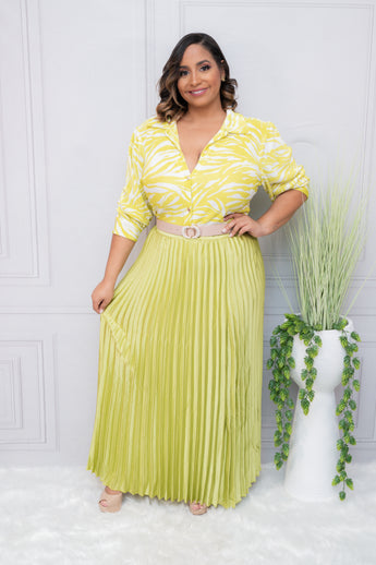 Lime Satin Pleated Maxi Skirt