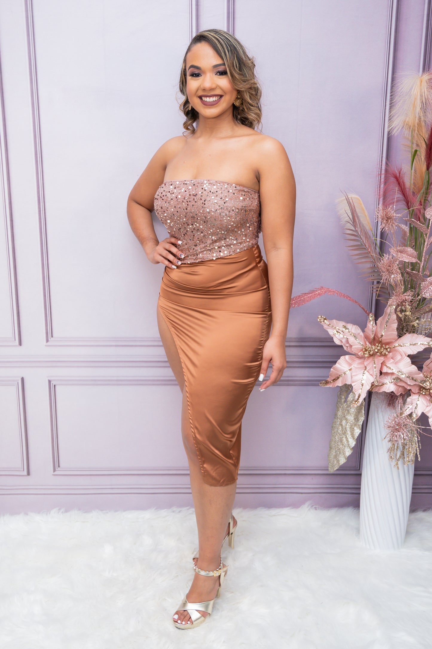 Camel Strapless Sequin Dress
