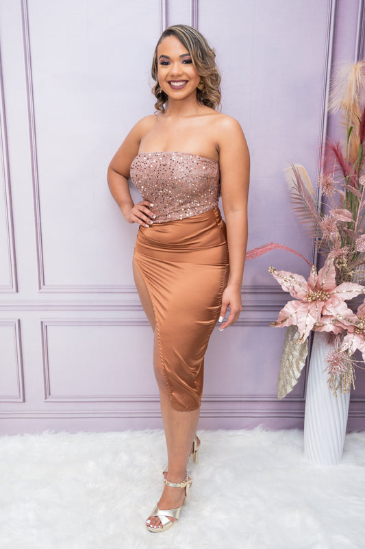 Camel Strapless Sequin Dress