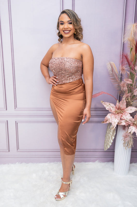 Camel Strapless Sequin Dress