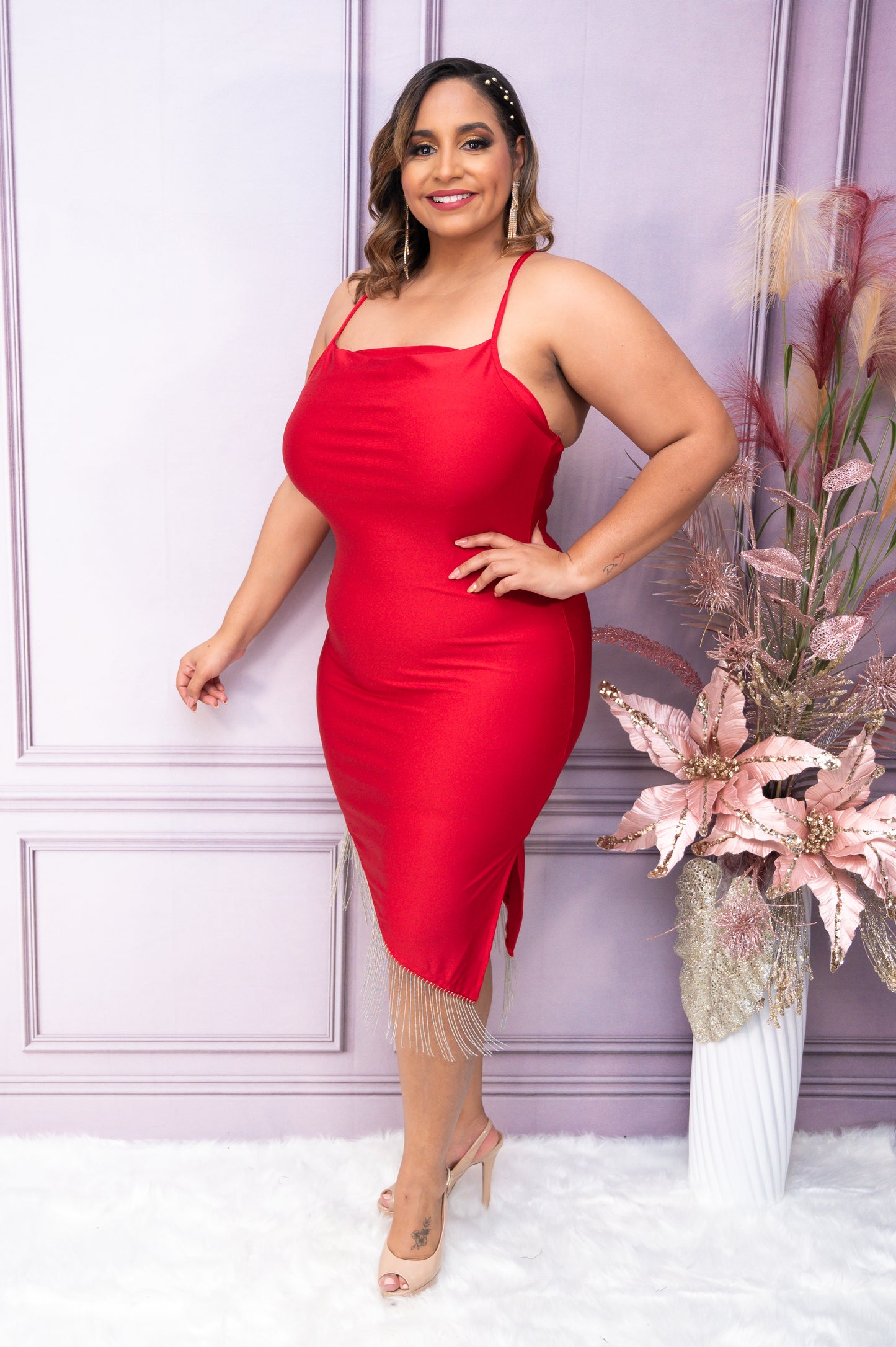 Red Poly Satin Fringe Dress