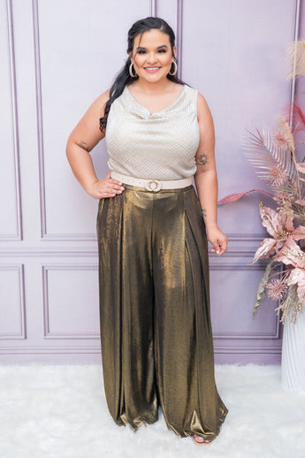 Gold Metallic Elastic Waist Wide Pants